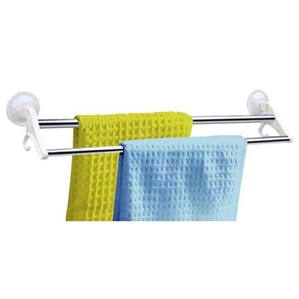 Trade Shop - Porta Asciugamani Da Bagno Attacco A Ventosa 2 Aste 50cm 2 Appendini -