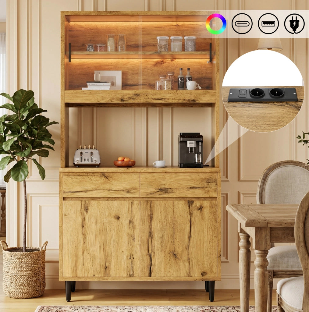Credenza alta 100x40x185 cm rovere con LED, prese e ante in vetro