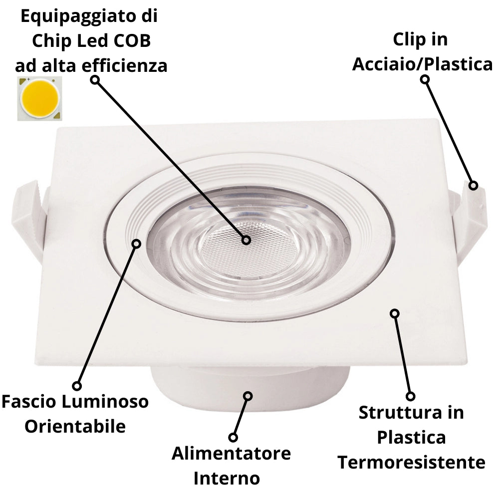 Faretto led incasso orientabile quadro soffitto 10watt driver incluso *** temperatura colore lampada 6000k bianco fre...