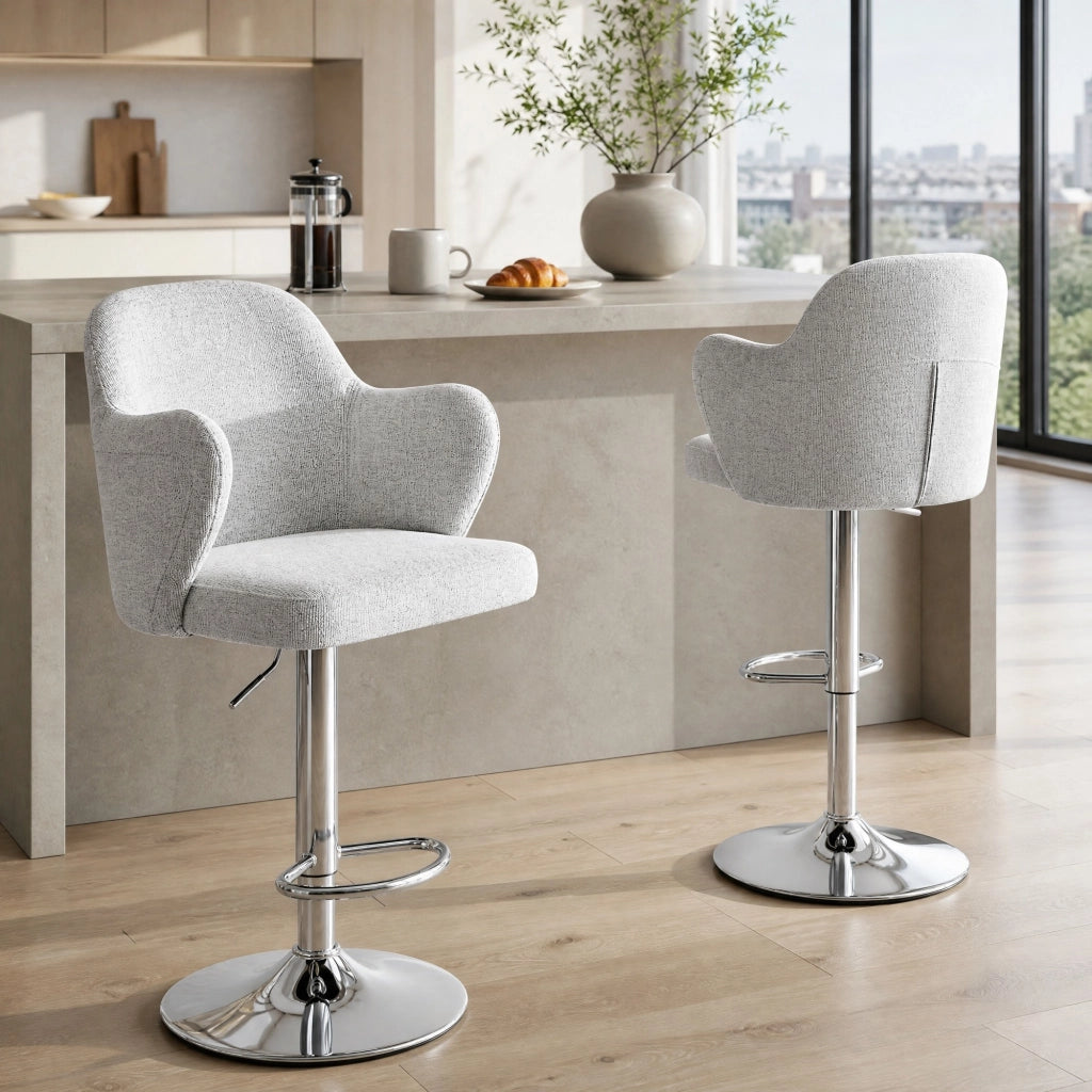 Sgabello da bar regolabile girevole a 360° con braccioli e poggiapiedi in tessuto grigio chiaro set da 2