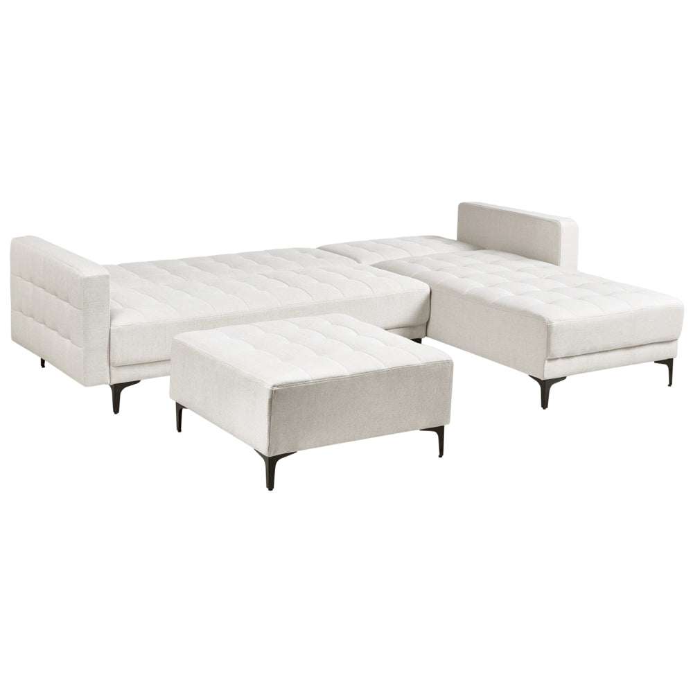 Divano letto angolare in tessuto bianco sporco versione destra con pouf moderno a L componibile