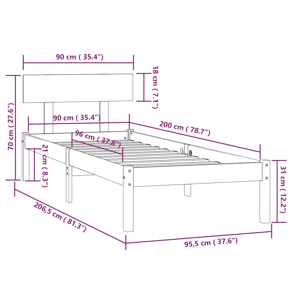 Giroletto-Struttura Letto Nero in Legno Massello di Pino 90x200 cm
