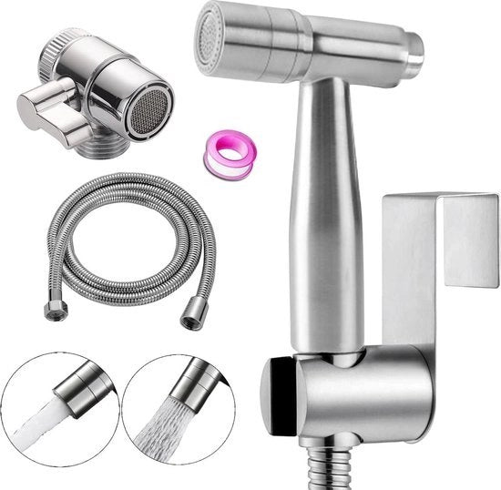 Douchiera bidet per WC con doppia modalità di getto - jet stream - rubinetto con dispensatore a manovella - attacco e gancio - supporto a parete - accessorio per WC in acciaio inossidabile