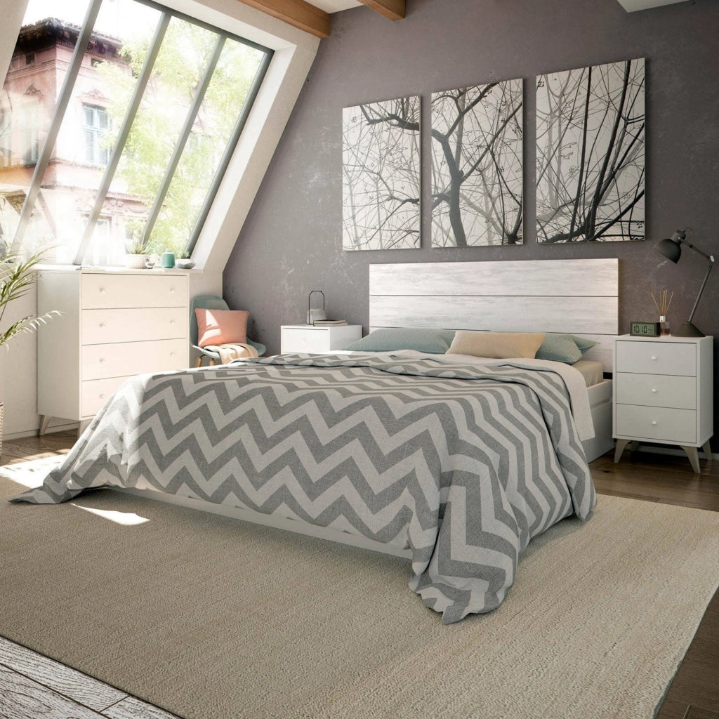 Comodino Attina, Comodino a 3 cassetti, Tavolino da notte, cm 40x34h56, Bianco e Rovere