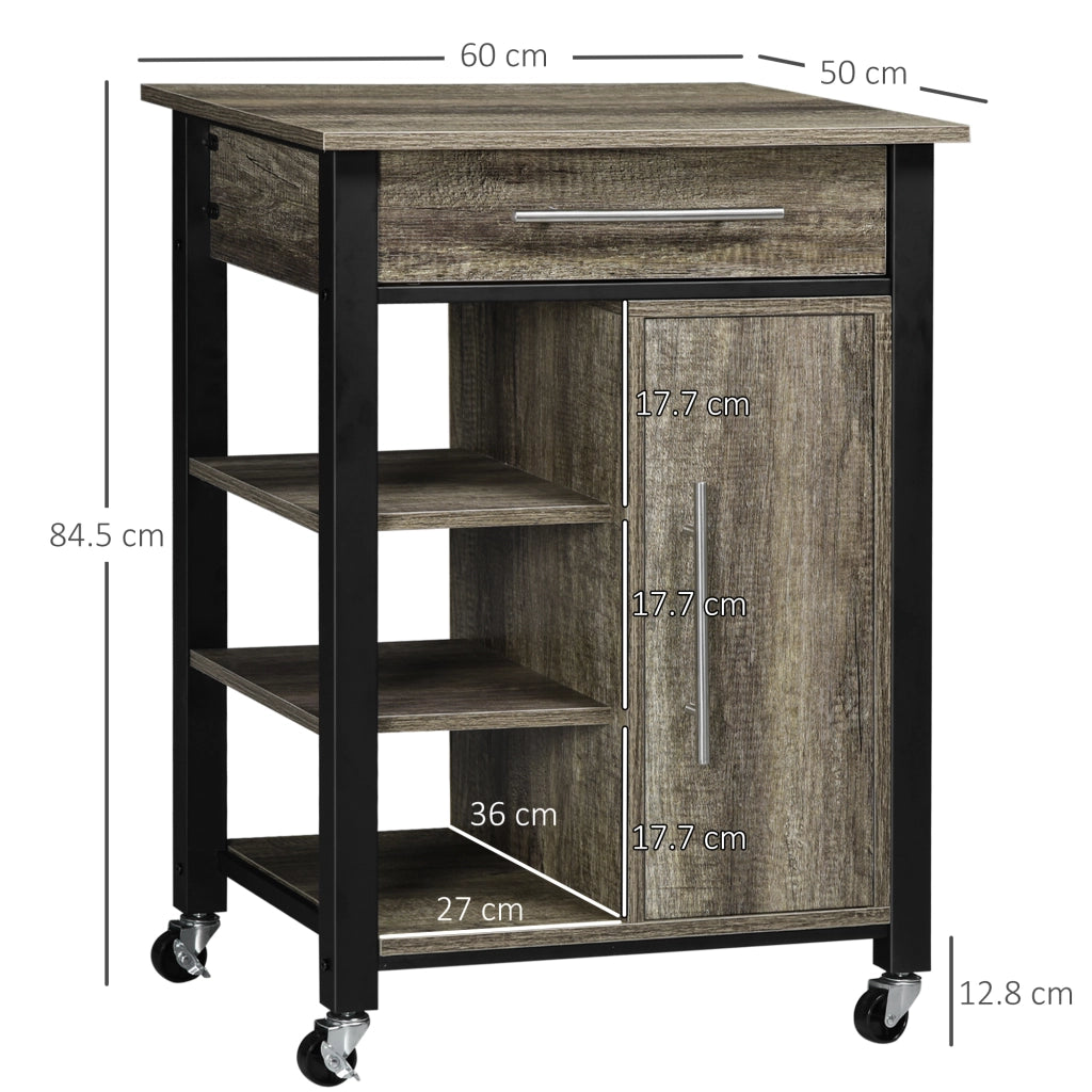 EasyComfort Carrello da Cucina Portavivande con Cassetto, Mensole, Armadietto e 4 Ruote, Legno Truciolare, 60x50x84.5cm, Quercia