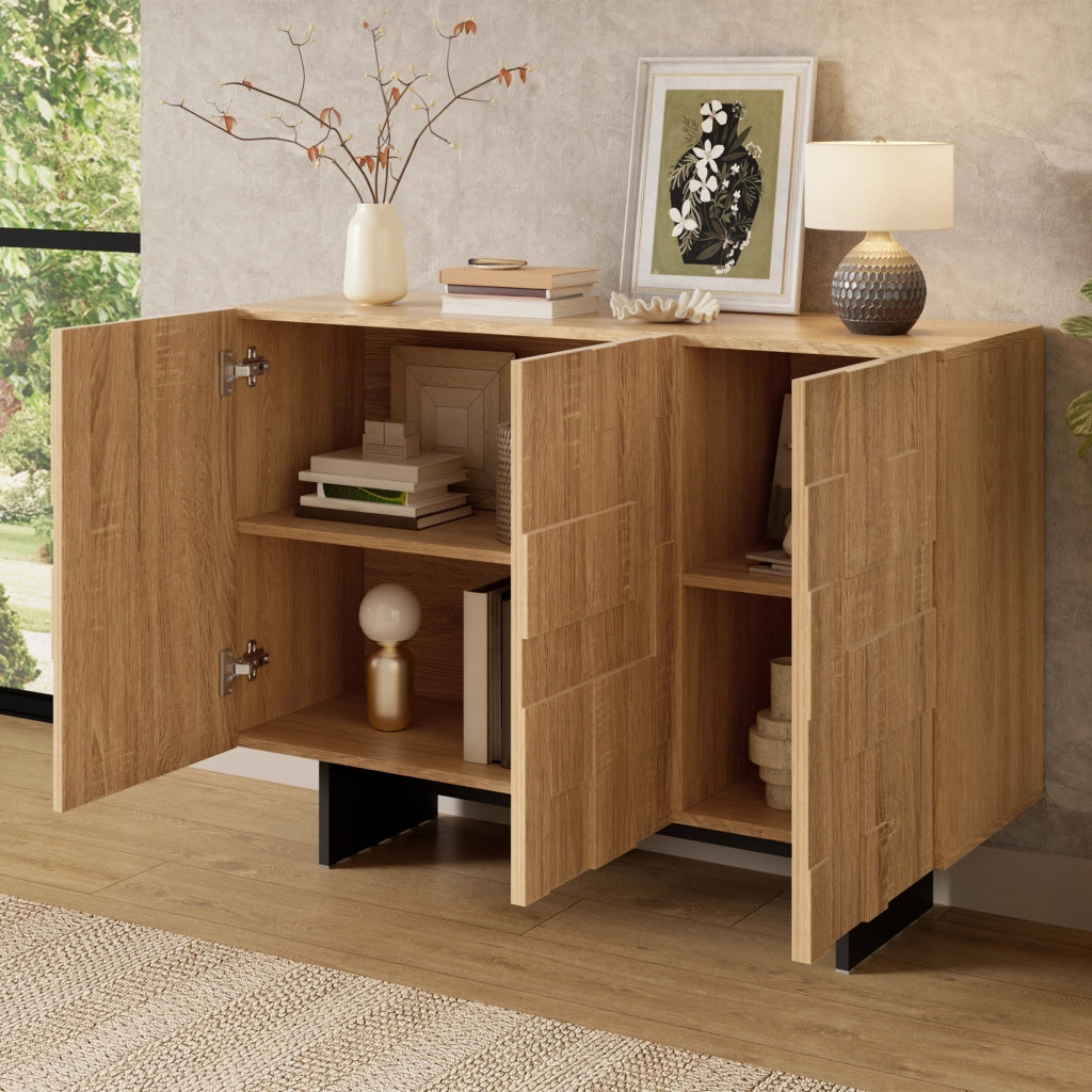 Credenza con 3 ante e ripiani regolabili, frontale geometrico, in bambù e MDF, naturale e nero, 105 × 33,5 × 76 cm
