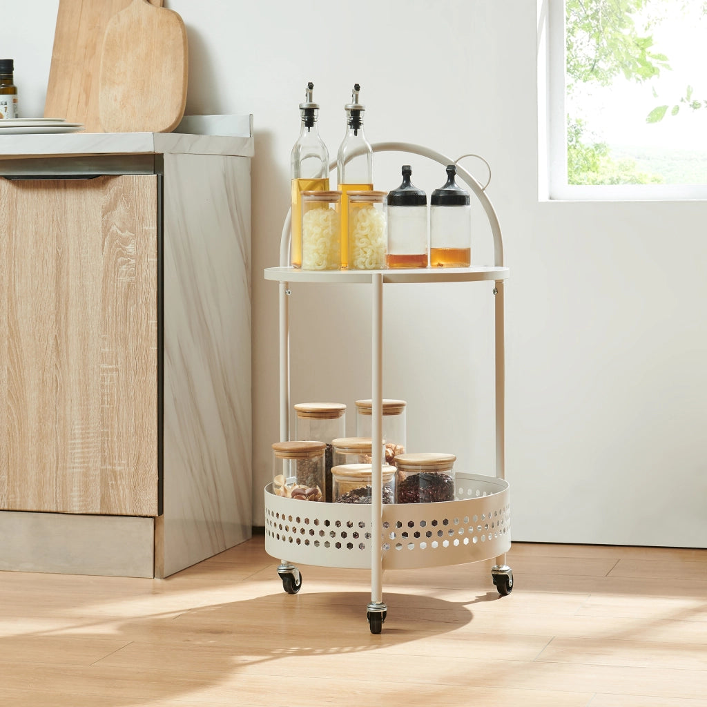 Carrello Portaoggetti Jässaatka a Rotelle Tavolino Rotondo in Acciaio con 2 Ripiani 76 x Ø40 cm - Grigio [en.casa]
