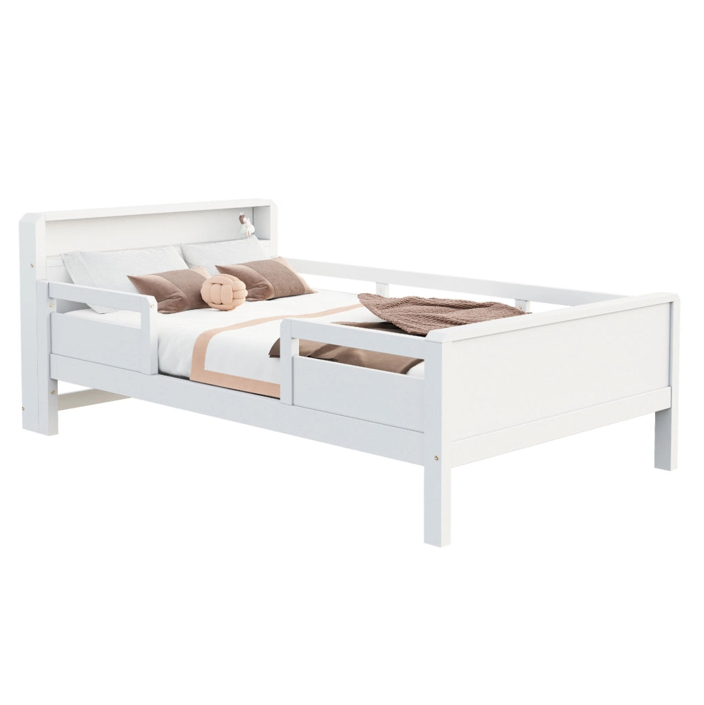 Letto singolo per bambini ULEVR 90x200 cm con LED, USB e Type-C, testiera con vano e sponde a griglia