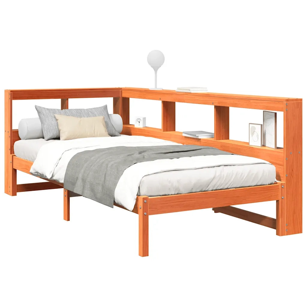 Letto Libreria senza Materasso-Struttura Letto con contenitore Marrone Cera 90x200 cm in Pino 135362