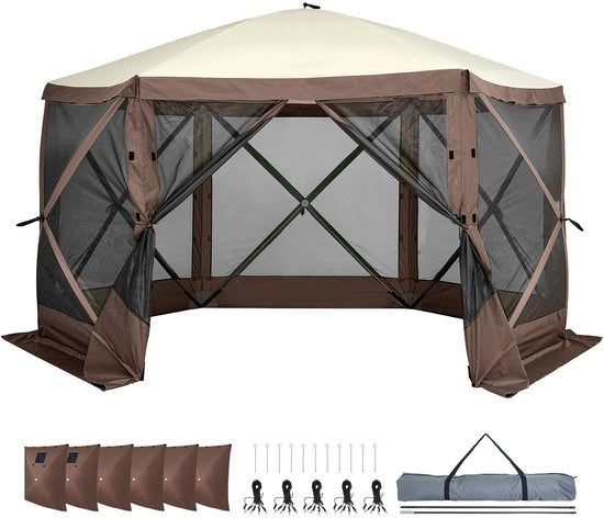 Tenda di Campeggio, 12.5 x 12.5 Metro, 300D Tessuto Oxford e Vetroresina, Disegno Pop-up, Con Pareti di Protezione e Paraventi, Per Massimo 8 Persone