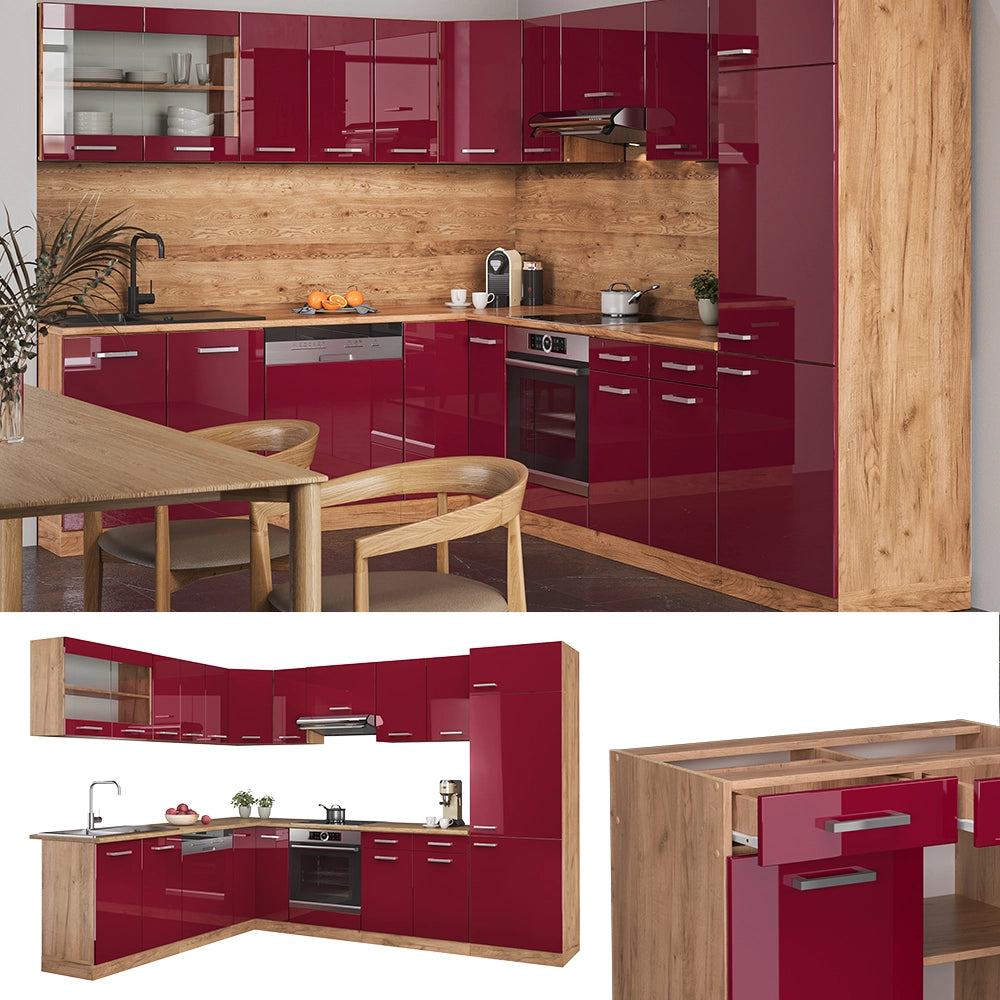 Vicco Cucina angolare completa Rosso lucido/rovere dorato 287 x 46 cm senza piano di lavoro