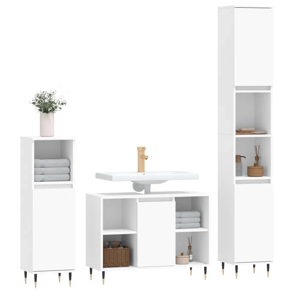 Set Mobili da Bagno | Armadio da bagno 3 pz Bianco in Legno Multistrato