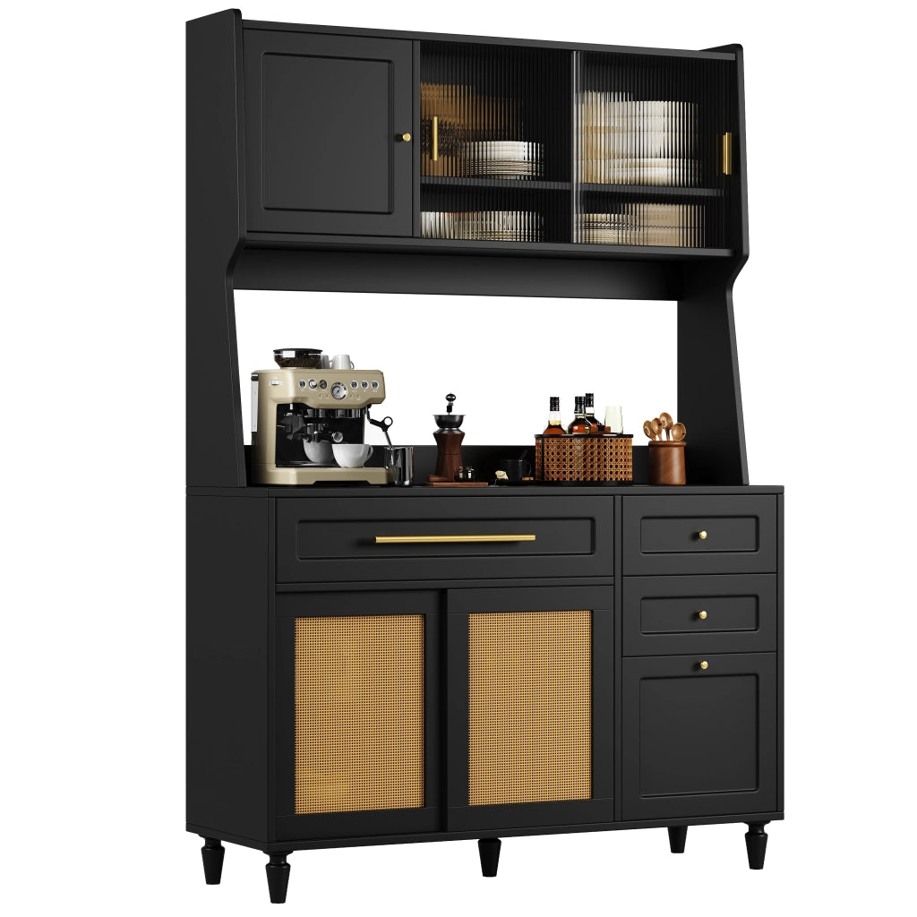 Credenza con Ante e Vetrina ¨C MINIMAL ¨C Nero, LED, Rattan, 3 Cassetti