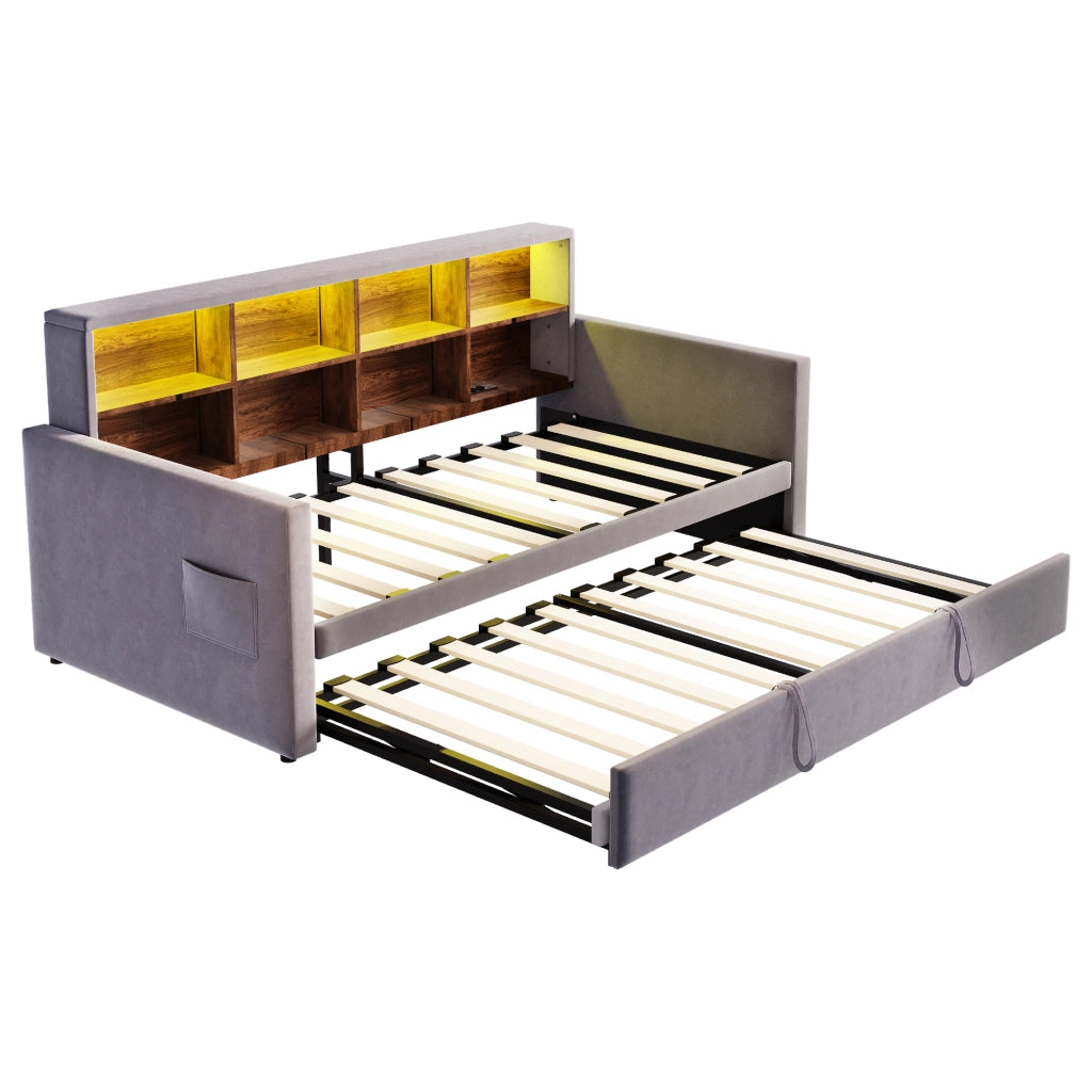 Letto Estraibile 90 x 190 cm; con Contenitore; LED; prese e USB - in Velluto Grigio