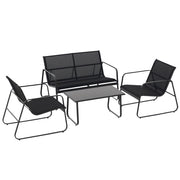 Set Salotto da Giardino da 4 Pezzi, con Divanetto da Esterno a 2 Posti, 2 Sedie e Tavolo da Caff¨¨ in Vetro Temperato, Set di Mobili da Giardino in Metallo e Texteline, Nero