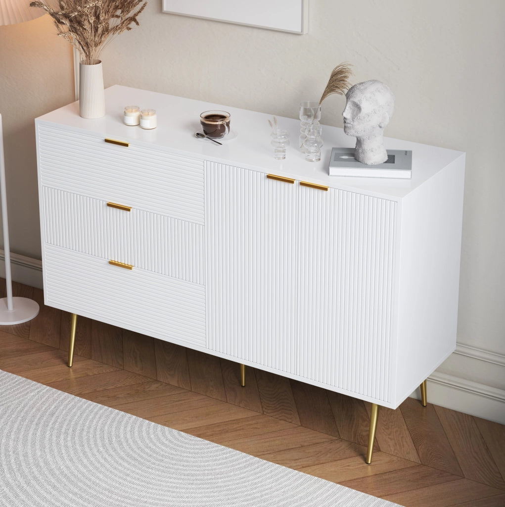 Sideboard con 3 cassetti; 2 porte e ripiani interni in MDF bianco e oro 120x38x80;5 cm