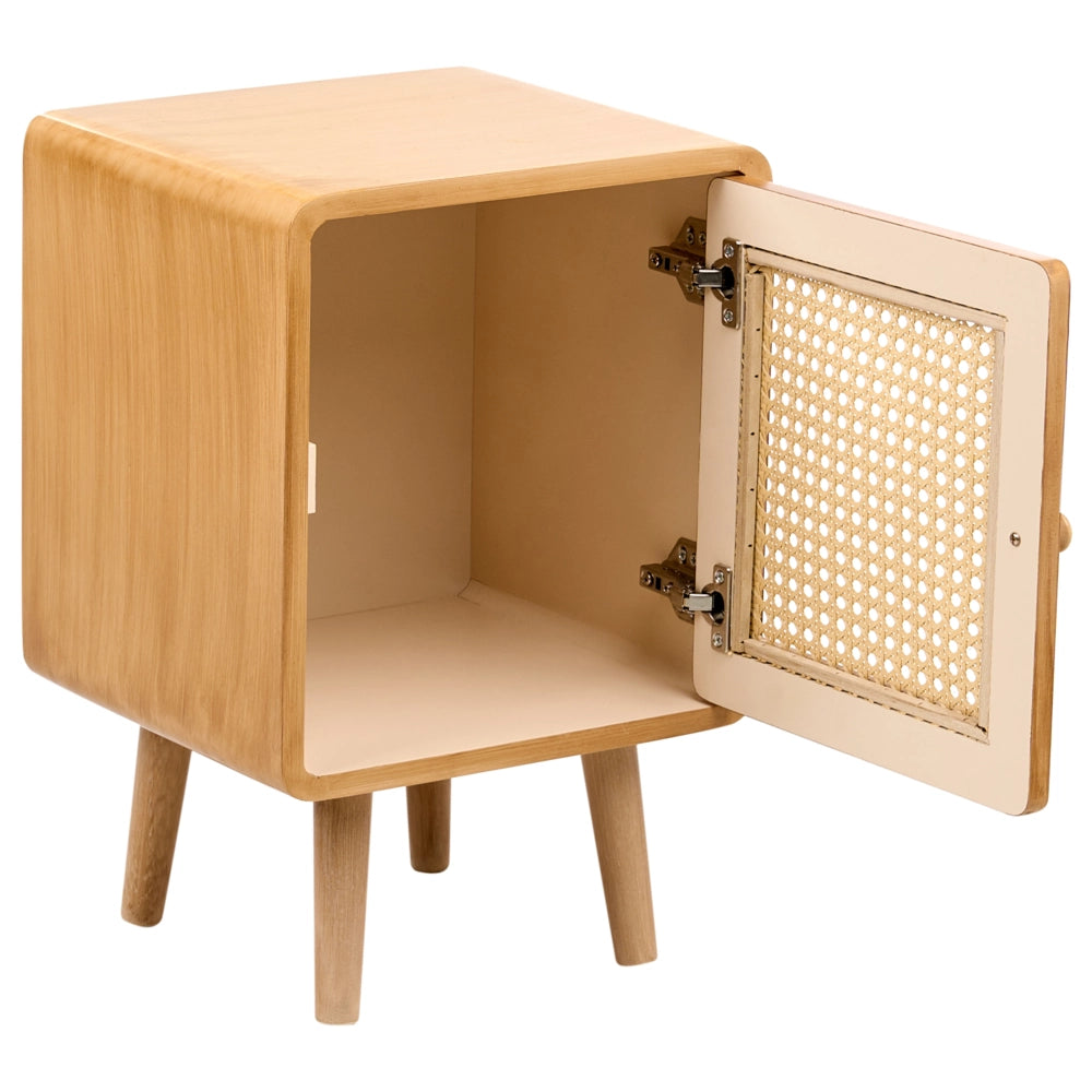 Comodino rattan sintetico fronte MDF impiallacciato treccia viennese marrone chiaro stile boho soggiorno camera da letto