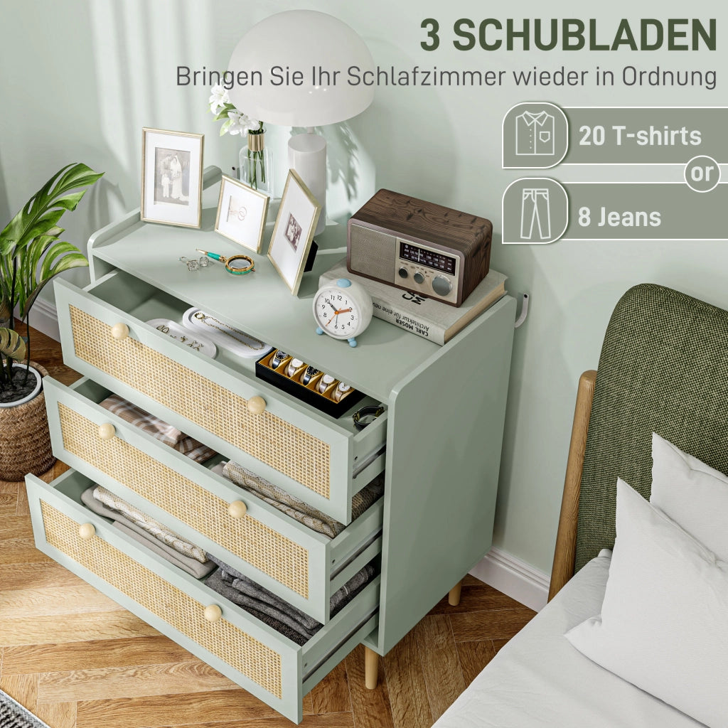 Cassettiera con 3 Cassetti, Fronte in Rattan, MDF ¨C zephmum ¨C Verde