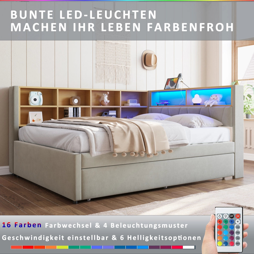 Letto multifunzione con estraibile, LED e prese, grigio