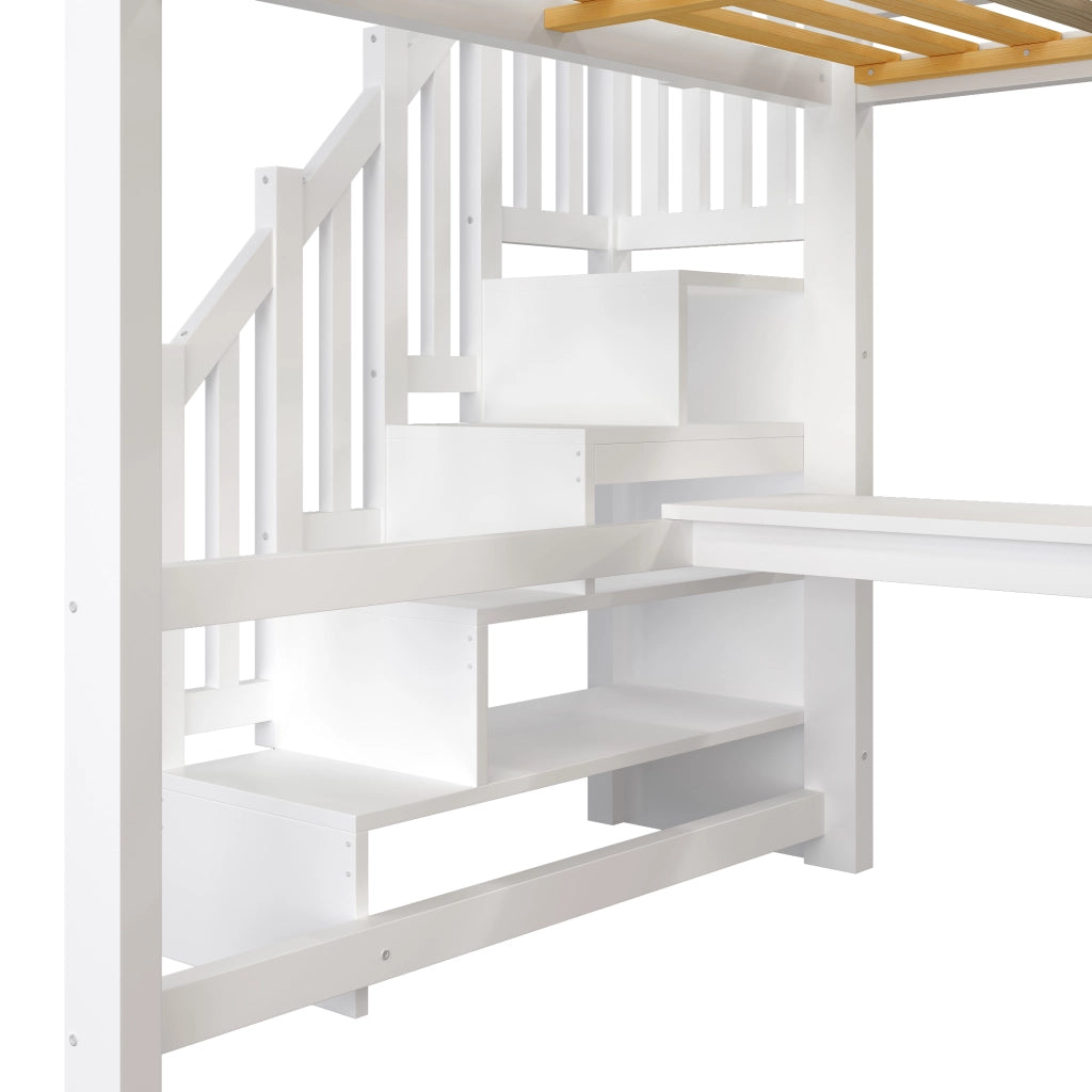 DESMIU Letto a soppalco 140 × 200 cm 2 posti con scrivania, ripiani, armadio, scala contenitore, LED e USB, senza materasso, bianco