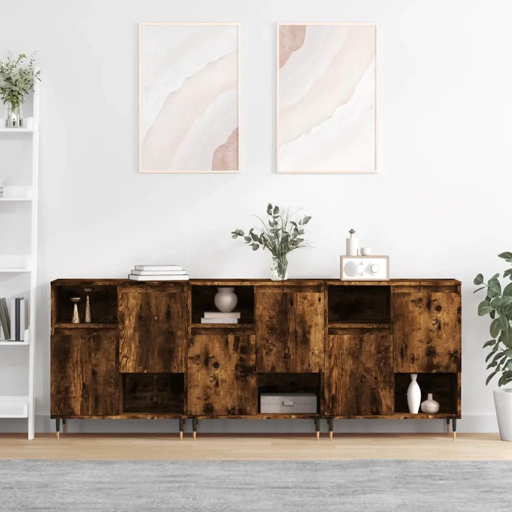 Credenze 3 pz | Madia | Buffet da pranzo | Armadio da pranzo Rovere Fumo in Legno Multistrato