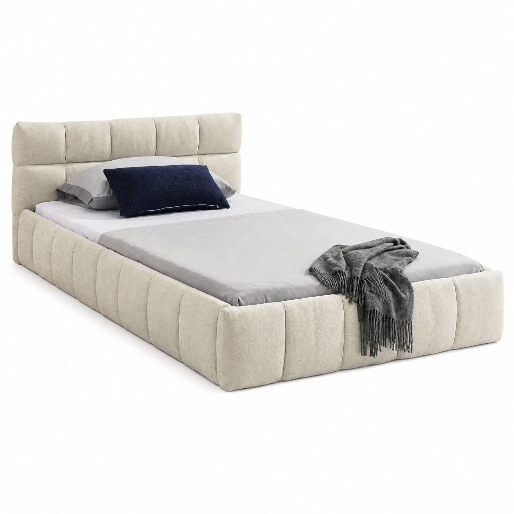 Letto singolo 90x200 cm in chenille beige con struttura in eucalipto e ferro
