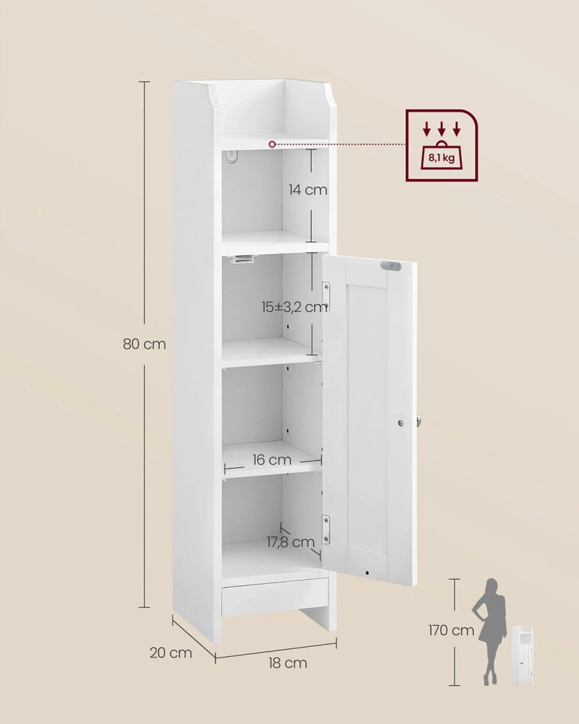 Mobiletto da bagno mobiletto per WC 18 x 20 x 80 cm mobiletto sottile mobiletto alto ripiani regolabili salvaspazio montaggio facile bianco 12_0006469