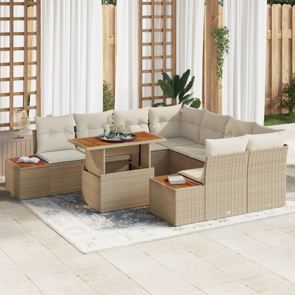 Set da pranzo da giardino 9 pezzi con cuscini Beige in Polyrattan e Acacia