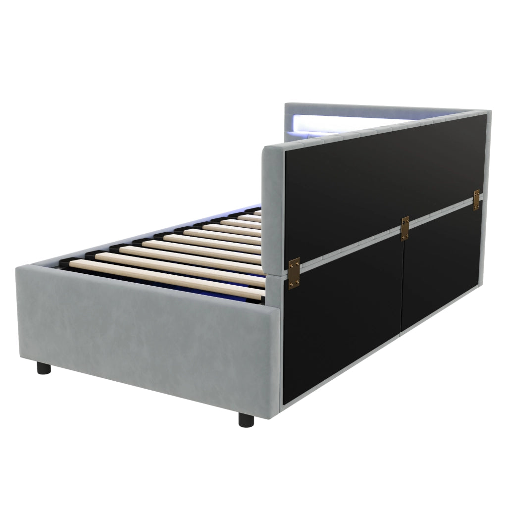 DESMIU Divano letto 90 × 200 cm 1 posto con LED, contenitore idraulico, senza materasso, velluto grigio