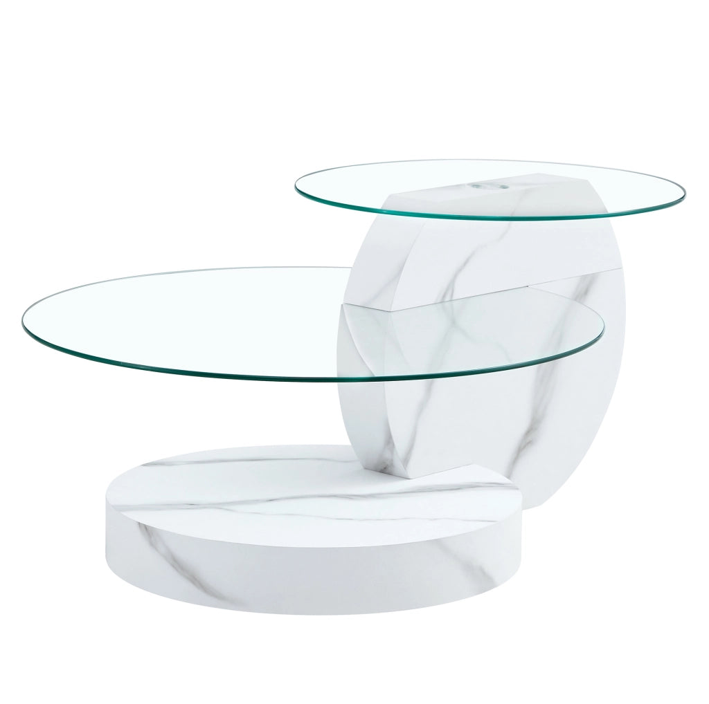 Tavolino da caffè a livelli in MDF e vetro di sicurezza; effetto marmo bianco; ? 50/70 cm