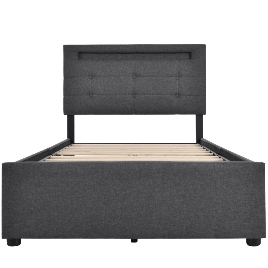 Letto singolo 90x200 cm in lino grigio con LED; 2 cassetti e materasso a molle insacchettate