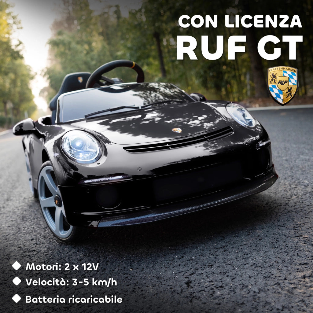 Macchina per Bambini 3-5 Anni con Licenza Ufficiale RUF GT Telecomando Cintura di Sicurezza e Musica Nero