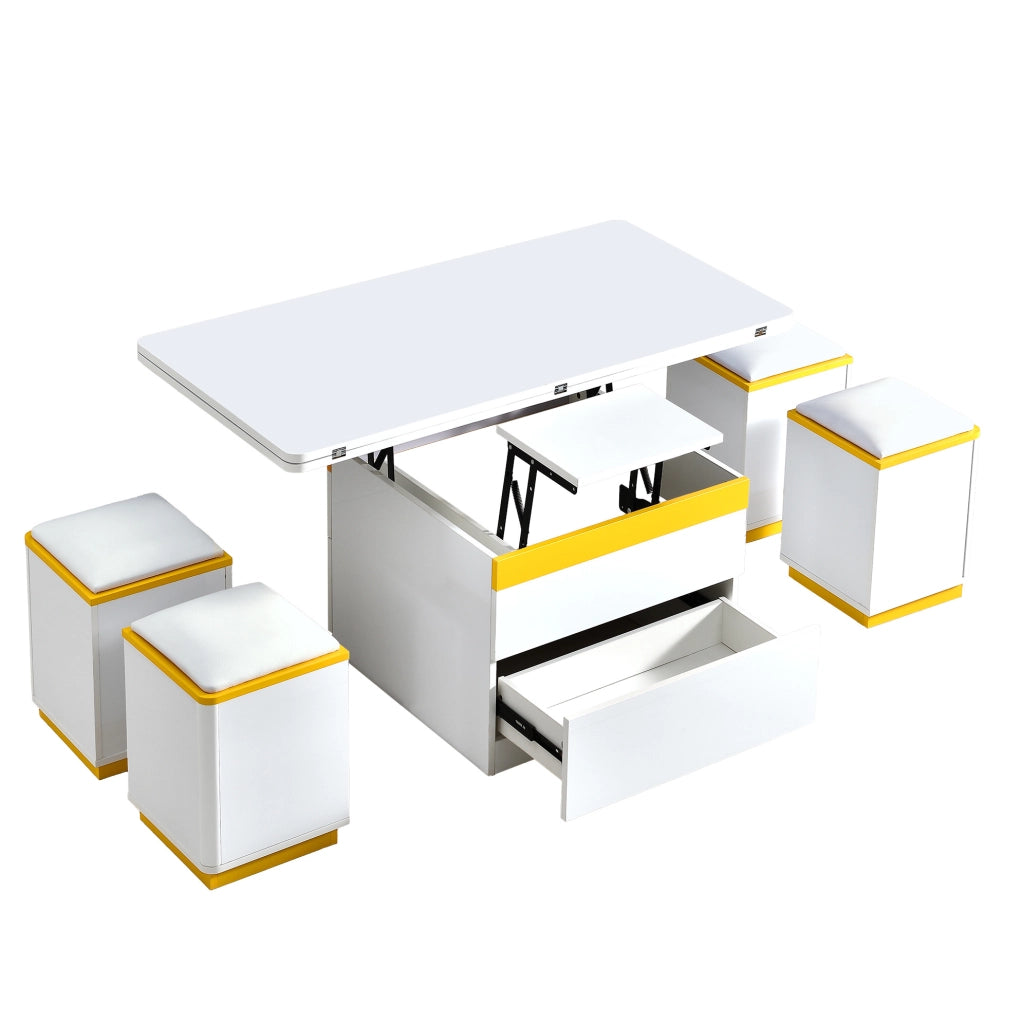 Tavolino da caffè sollevabile 100x50x43 cm bianco e giallo, contenitore integrato, MDF/PB