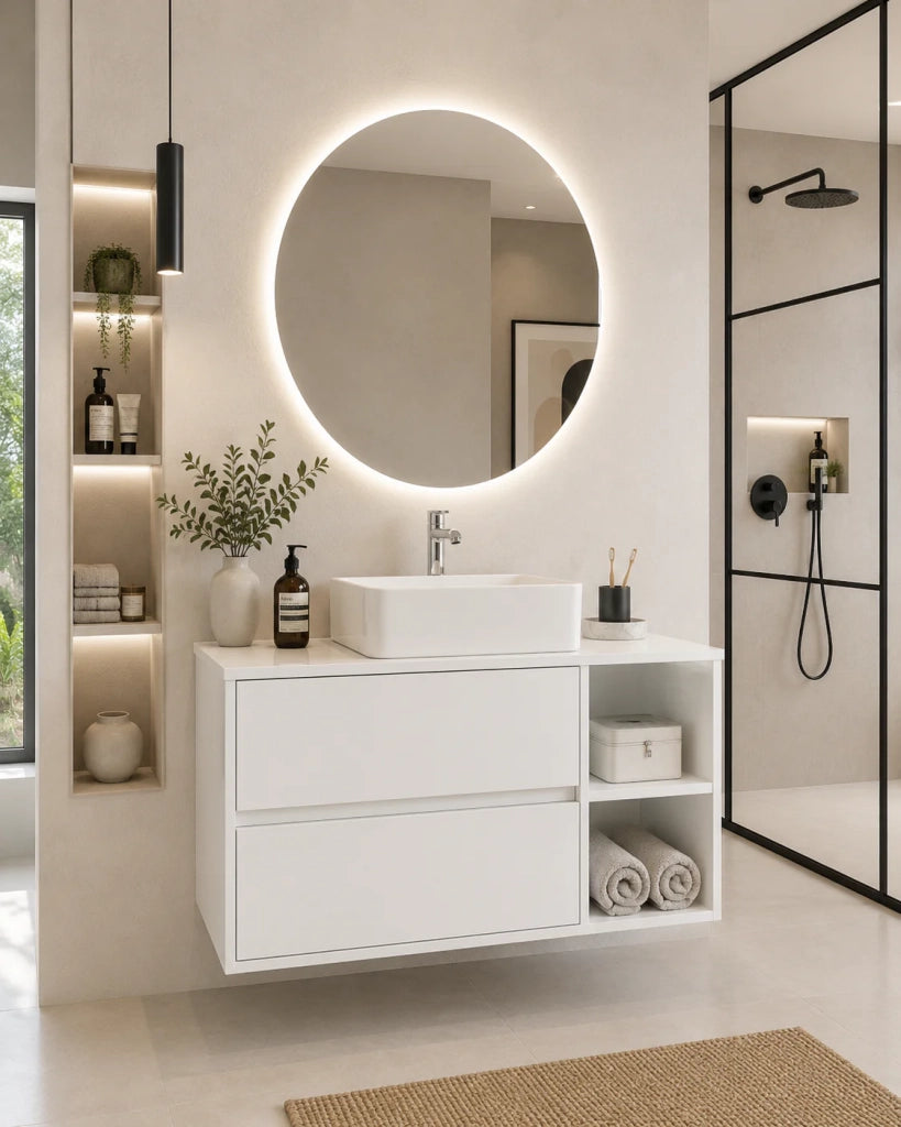 Mobile bagno con top in legno e lavabo da appoggio ORIGENBATH ZEUS senza specchio 120x45 cm 1 vasca Destra bianco