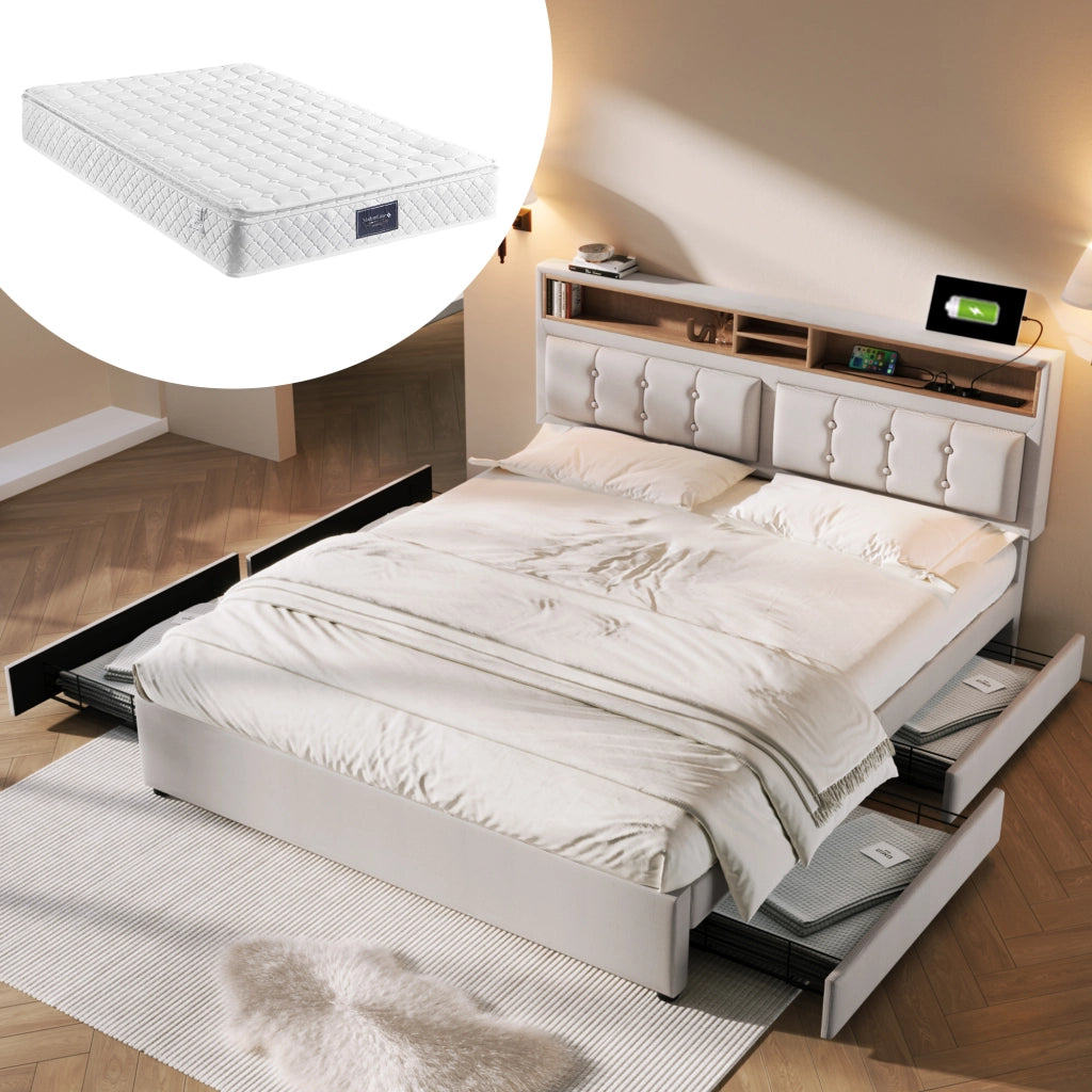 LETTO imbottito 140x200 cm beige con materasso incluso, testiera regolabile