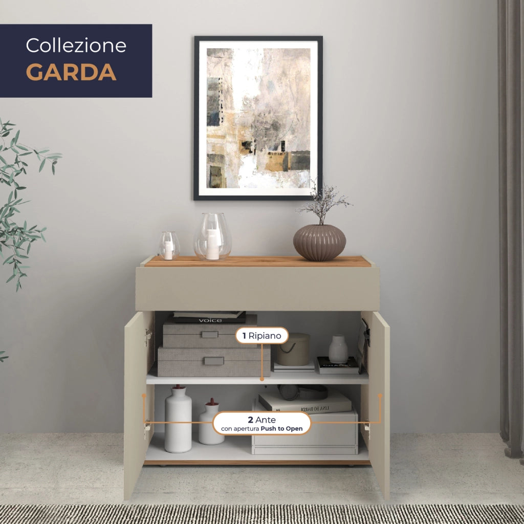 WHOUS Credenza Garda 2 ante e 1 cassetto tortora opaco e rovere 80,9x35x70 cm