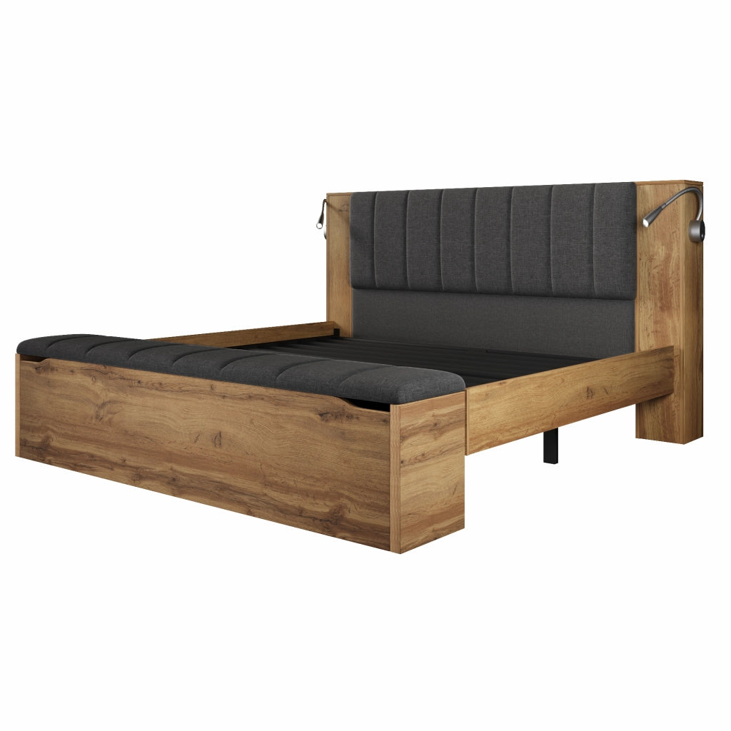 Letto matrimoniale 160x200 cm in legno effetto rovere con testiera reclinabile, lampade USB, comodini, panca contenitore e materasso