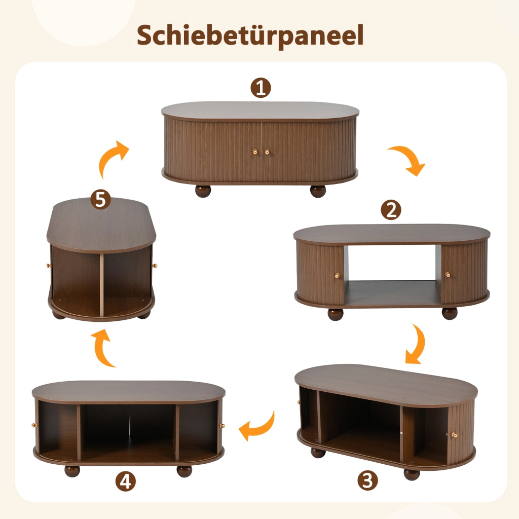 Tavolino da salotto ovale con anta scorrevole e vano contenitore; in MDF; Noce; 100 × 50 × 40 cm