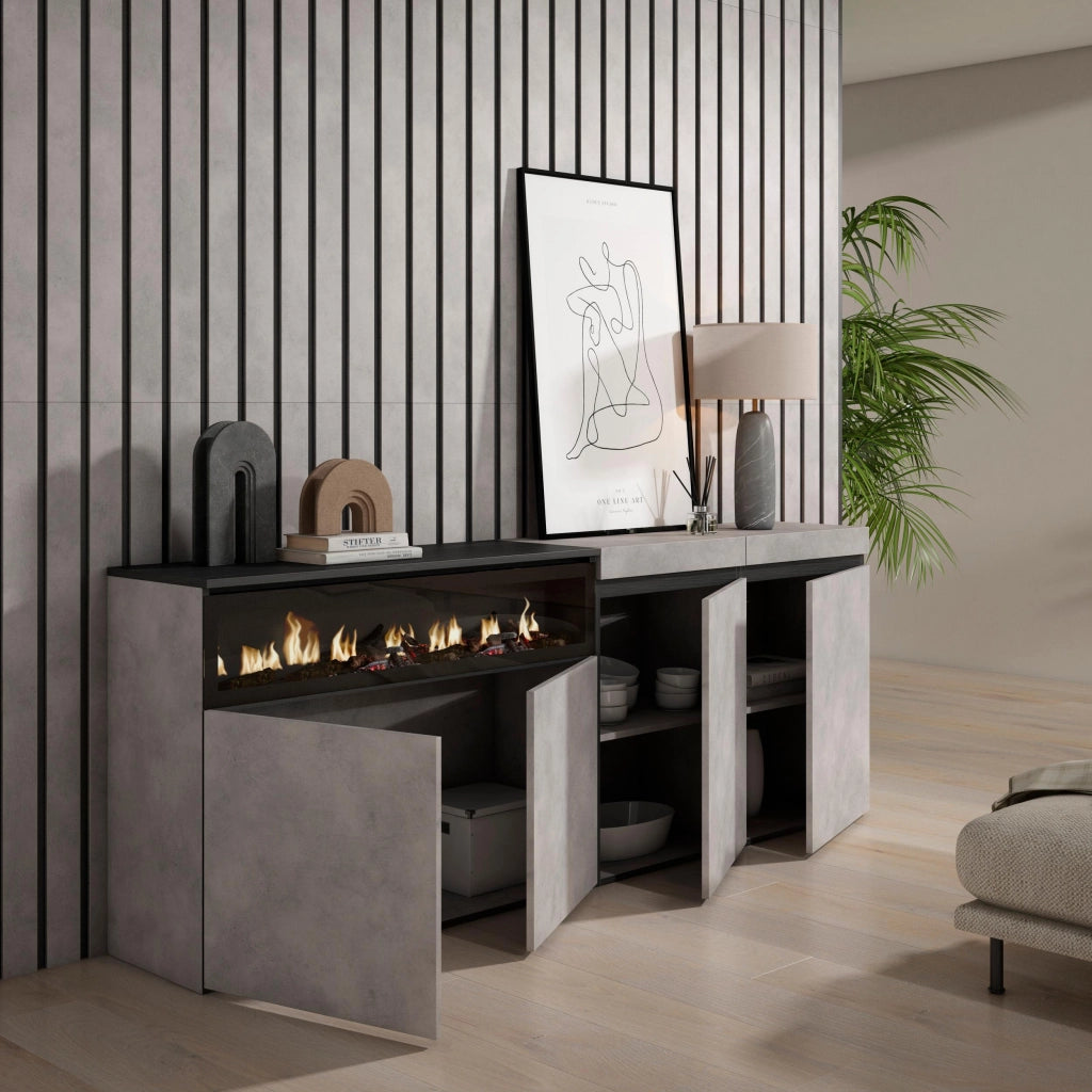 Credenza, Mobile, 200x35x75cm, 4 Porte, Camino elettrico, grigio cemento RF2369