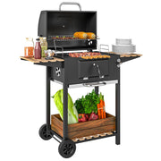 Barbecue carbone regolabile in altezza con griglia, coperchio, termometro, ripiani, ruote e apribottiglie ¨C zephmum ¨C nero