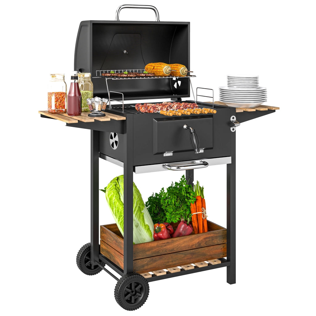 Barbecue carbone regolabile in altezza con griglia, coperchio, termometro, ripiani, ruote e apribottiglie ¨C zephmum ¨C nero
