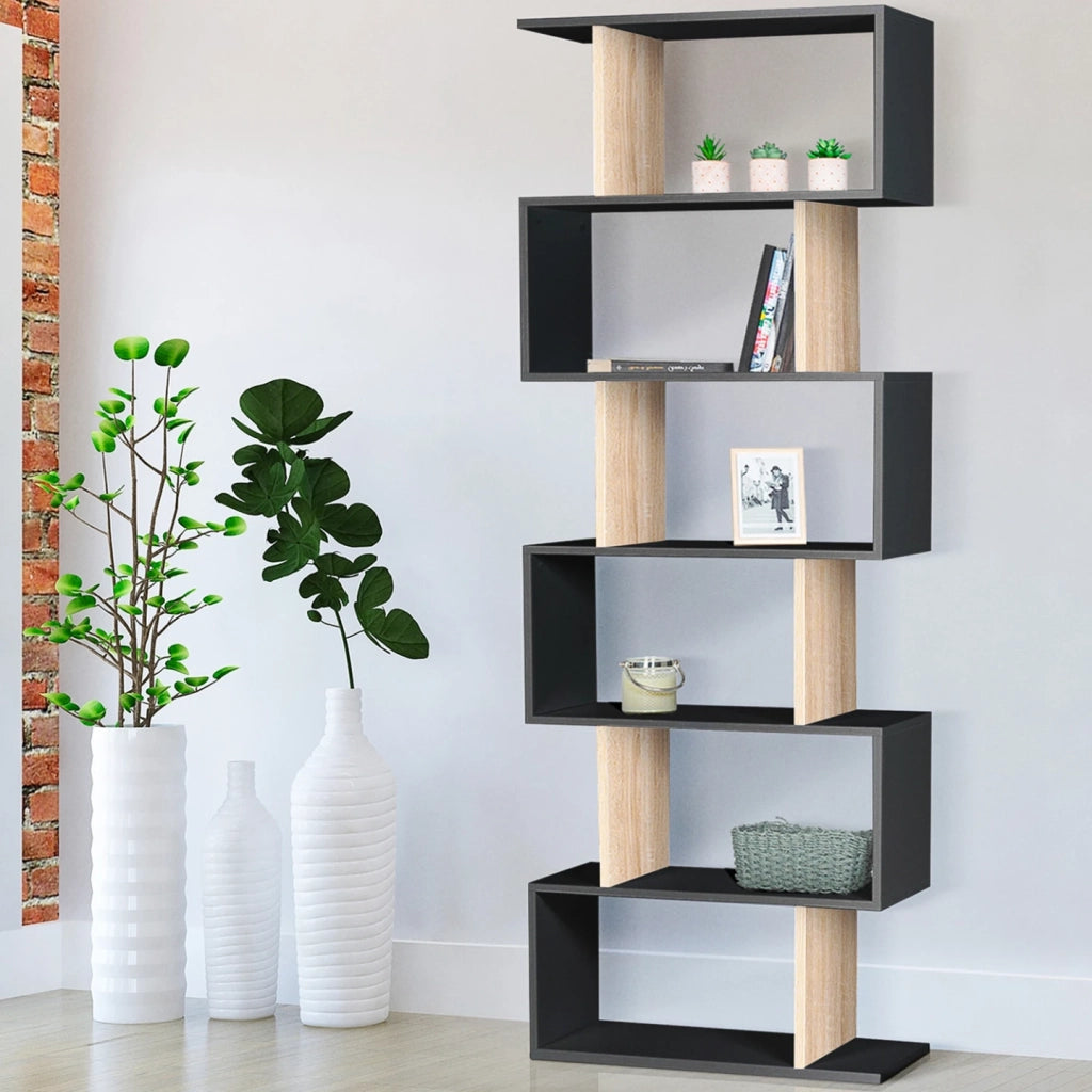 IDMarket - Estantería en forma de S SOFIA en madera efecto haya y negro 189 cm