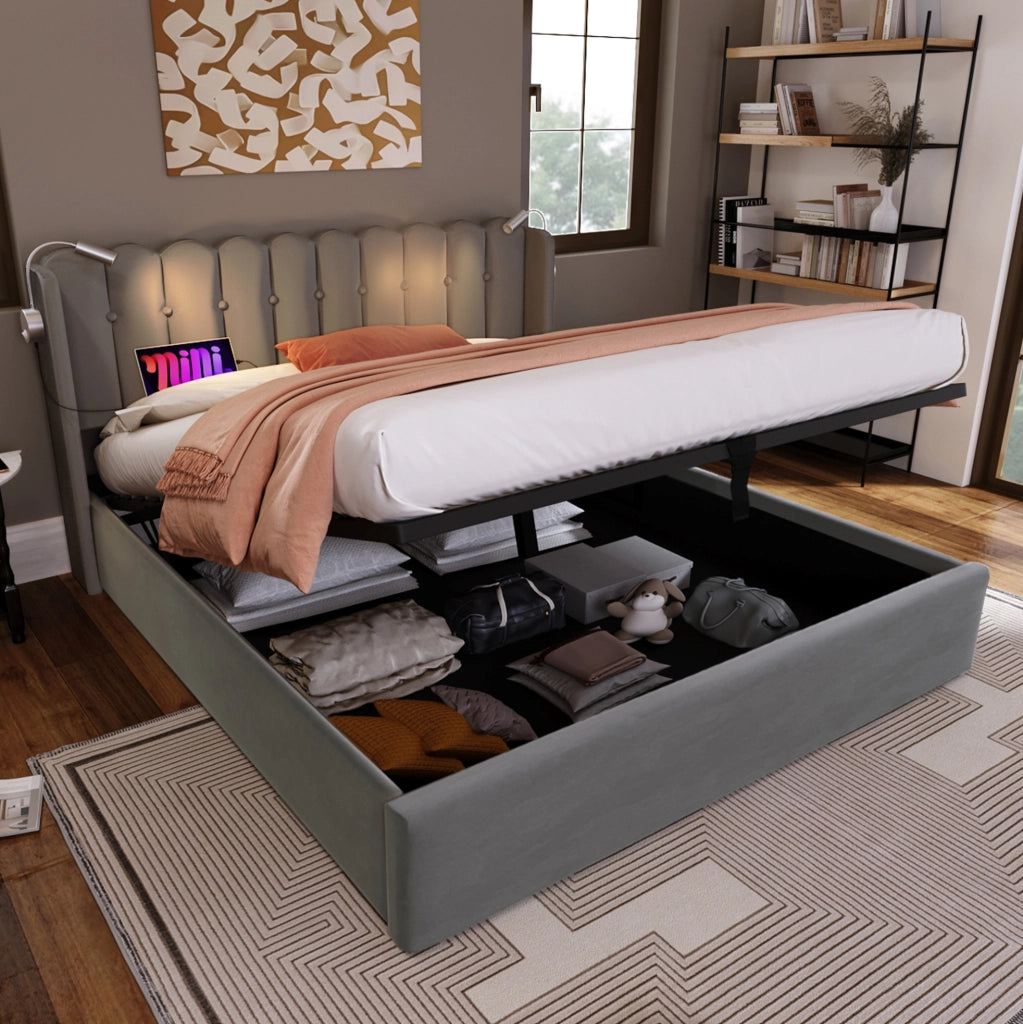 Letto contenitore 160x200 in velluto grigio con USB e luce