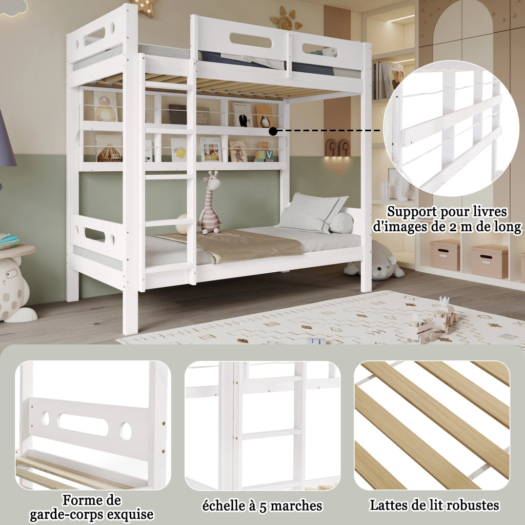 Letto a castello 90 × 200 cm con barriera perimetrale; scaffali aperti e scala a cinque gradini in legno e MDF