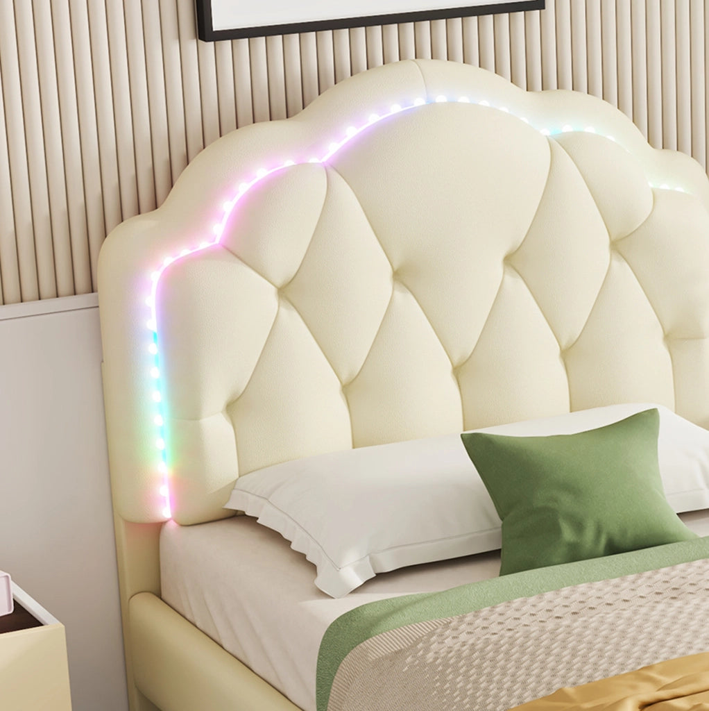 Letto singolo imbottito beige 90x200 cm con LED multicolore e testiera ondulata
