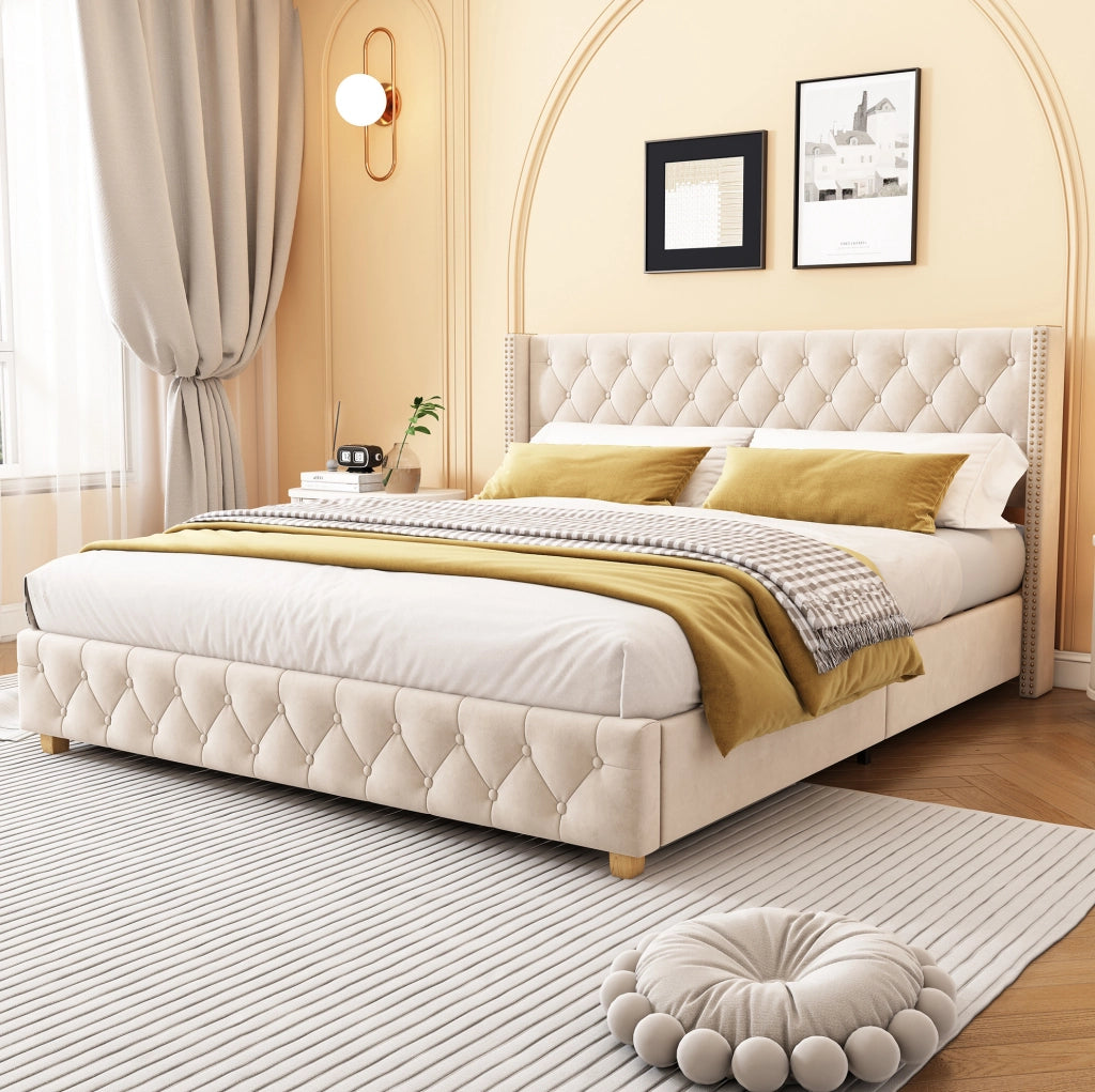 Letto matrimoniale imbottito 160x200 cm in velluto beige chiaro con testiera capitonné
