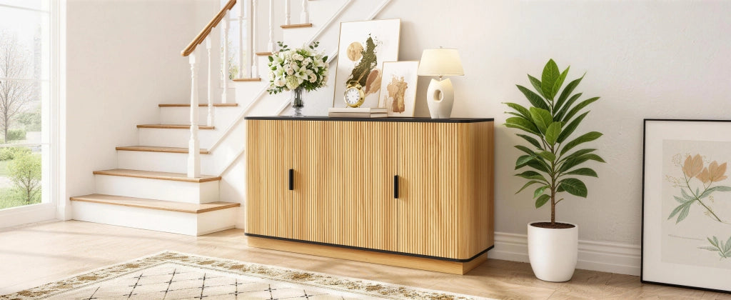 Credenza e madia a 4 ante con finitura effetto legno, maniglie in alluminio, per soggiorno, 139 × 40 × 75 cm