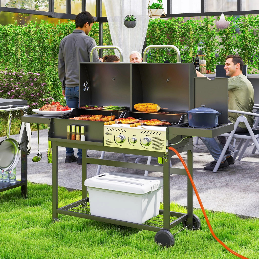 Barbecue a Carbone e Gas 3 Bruciatori ¨C Xylo ¨C con Coperchio, Termometro, Ruote e Ripiani, Nero