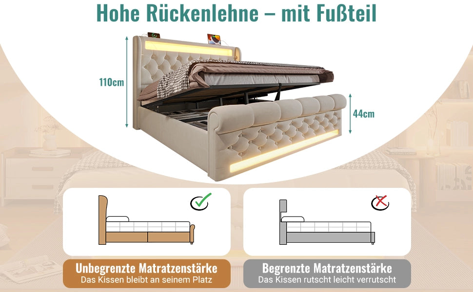 DESMIU Letto contenitore idraulico 160 × 200 cm 2 posti con LED, USB e Type C, senza materasso, in velluto, beige