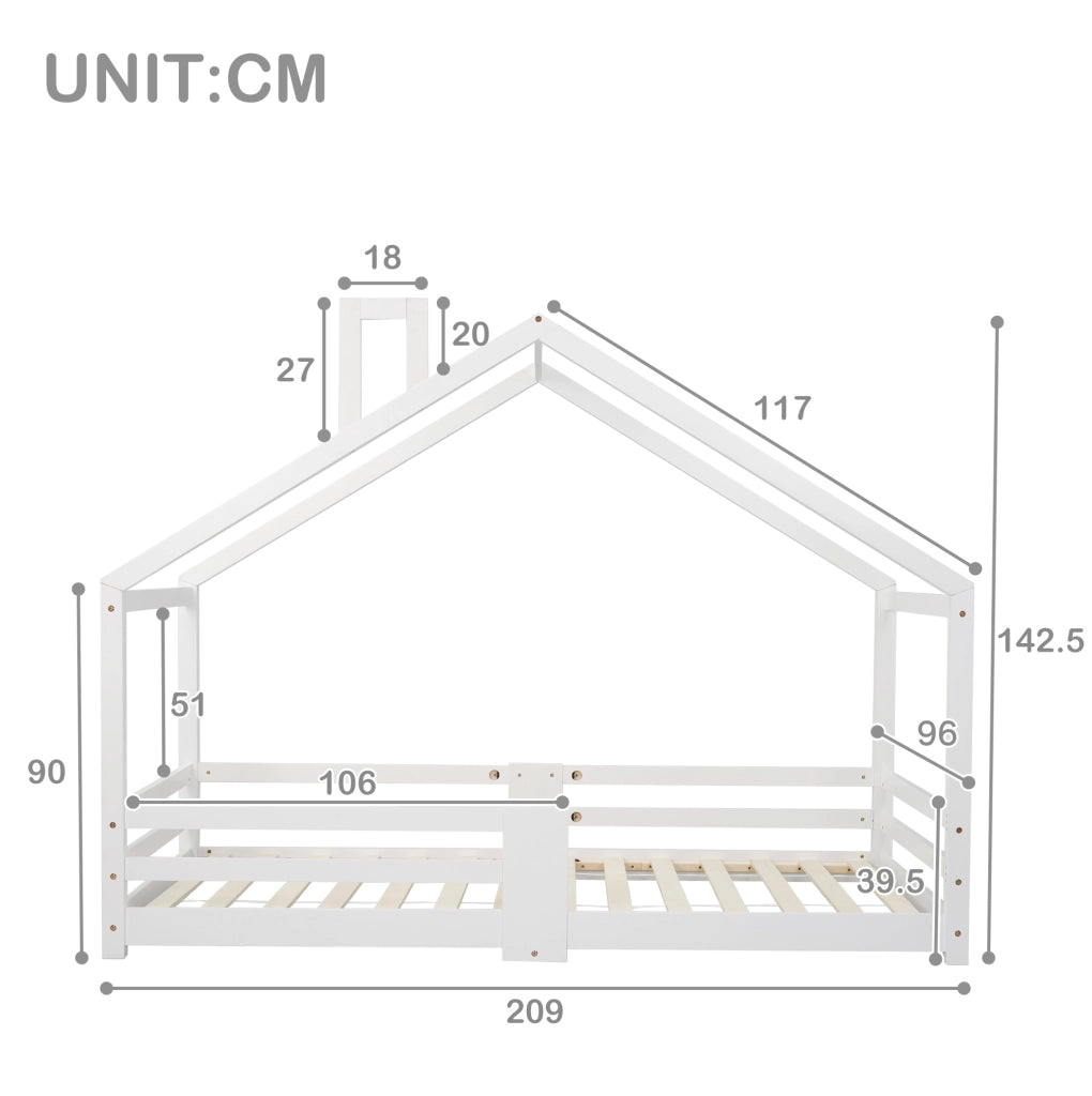Letto a casetta 90x200 cm con sponda; legno; bianco (Senza materasso)